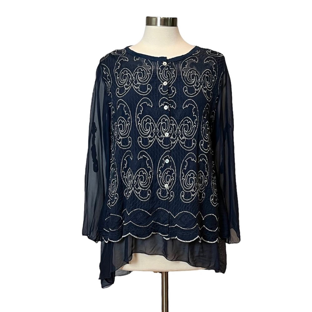Belle France Blue top with Embroidered Overlay and Mother of Pearl Buttons